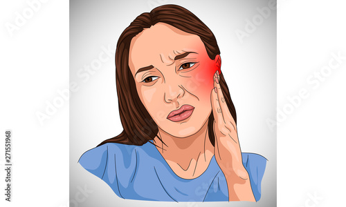 Ear problems illustrated on a woman with red designation 