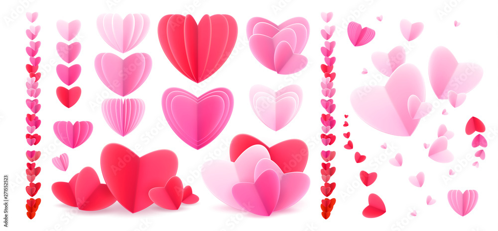 Happy holidays: Valentines day 14 february, Mothers, Womens day 8 march background, paper cut hearts. 3d Vector illustration. Romantic wedding design, flyers, banners, offers, sale,celebrations...