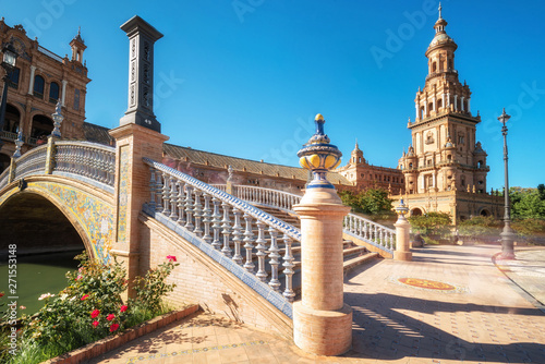 Spanish Square Plaza de Espana in Sevilla in a beautiful summer day, Spain .