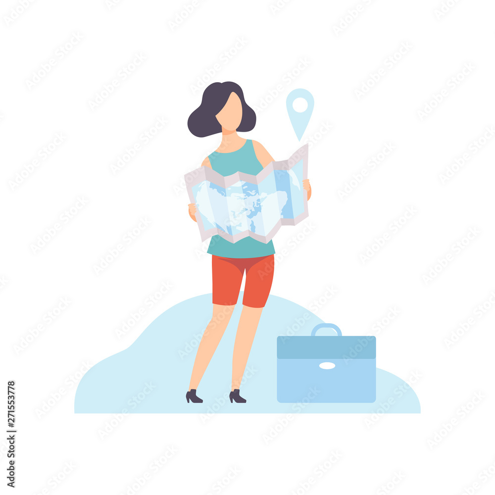 Businesswoman Holding Paper Map with Navigation Sign Vector Illustration