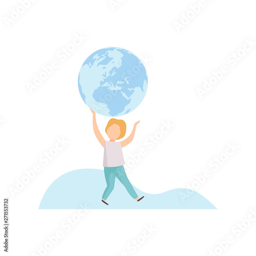 Cute Boy Holding Big Terrestrial Globe Over His Head Vector Illustration