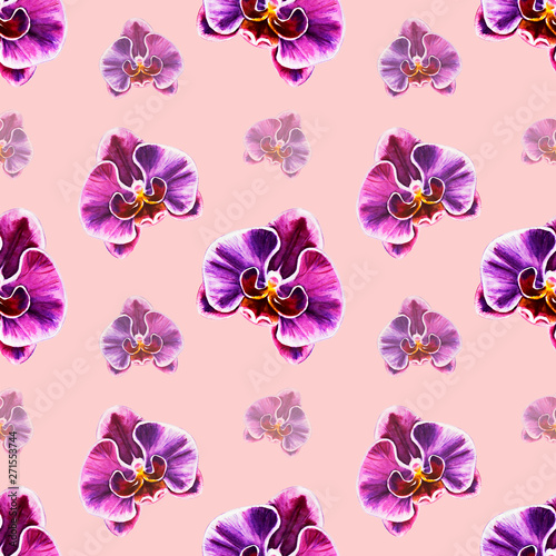 Seamless pattern from orchid flowers. Watercolor painting. Exotic plant. Floral print. Botanical composition. Wedding and birthday. Greeting card. Flower painted background. Hand drawn illustration.