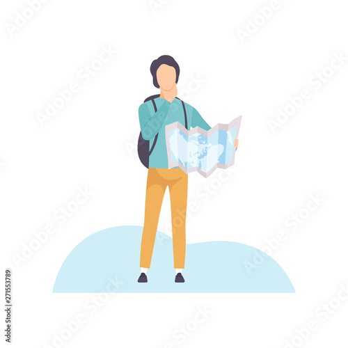 Young Man with Backpack Standing and Exploring Terrain on Map Vector Illustration