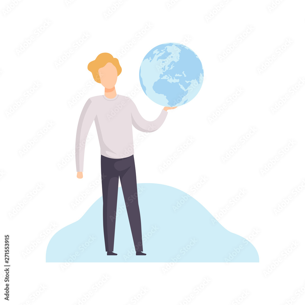 Young Man Holding Earth Globe in His Hands Vector Illustration