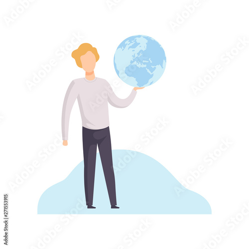 Young Man Holding Earth Globe in His Hands Vector Illustration © topvectors