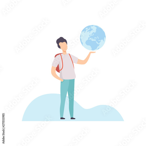Young Man with Backpack Holding Earth Globe Vector Illustration