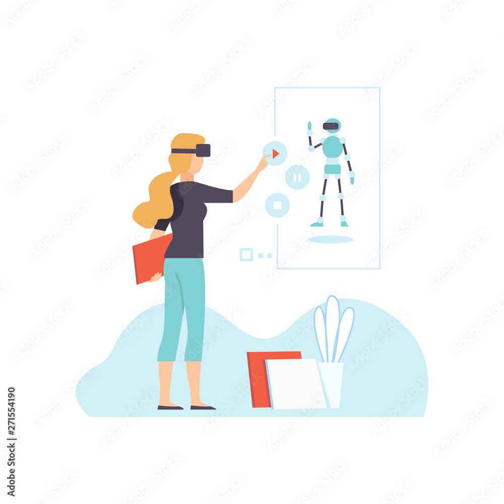 Woman in VR Goggle Headset, Modern Augmented Virtual Reality Technology, Innovative Gadget Vector Illustration