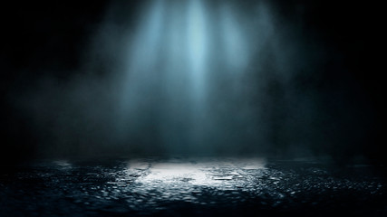 Empty street scene background with abstract spotlights light. Night view of street light reflected on water. Rays through the fog. Smoke, fog, wet asphalt with reflection of lights. 