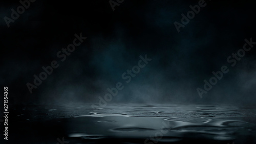 Empty street scene background with abstract spotlights light. Night view of street light reflected on water. Rays through the fog. Smoke, fog, wet asphalt with reflection of lights. © MiaStendal