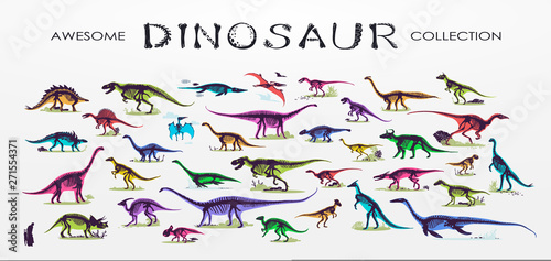 Set, silhouettes, dino skeletons, dinosaurs, fossils. Hand drawn vector illustration. Comparison of sizes, realistic Sketch collection: a, triceratops, tyrannosaurus, doodle pattern 