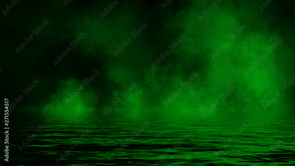 Obraz premium Smoke with reflection in water. Green mistery fog texture background.