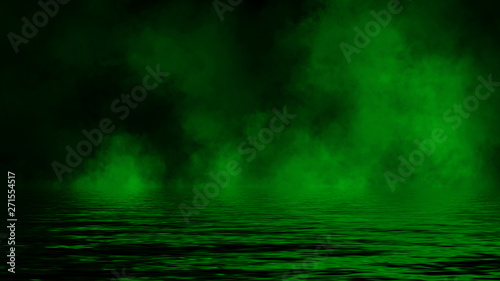 Smoke with reflection in water. Green mistery fog texture background.