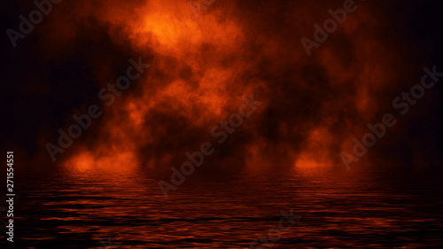 Blaze fire flame texture overlays on isolated background with water reflection