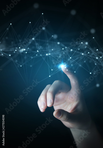 Businessman using floating digital network connections with dots and lines 3D rendering