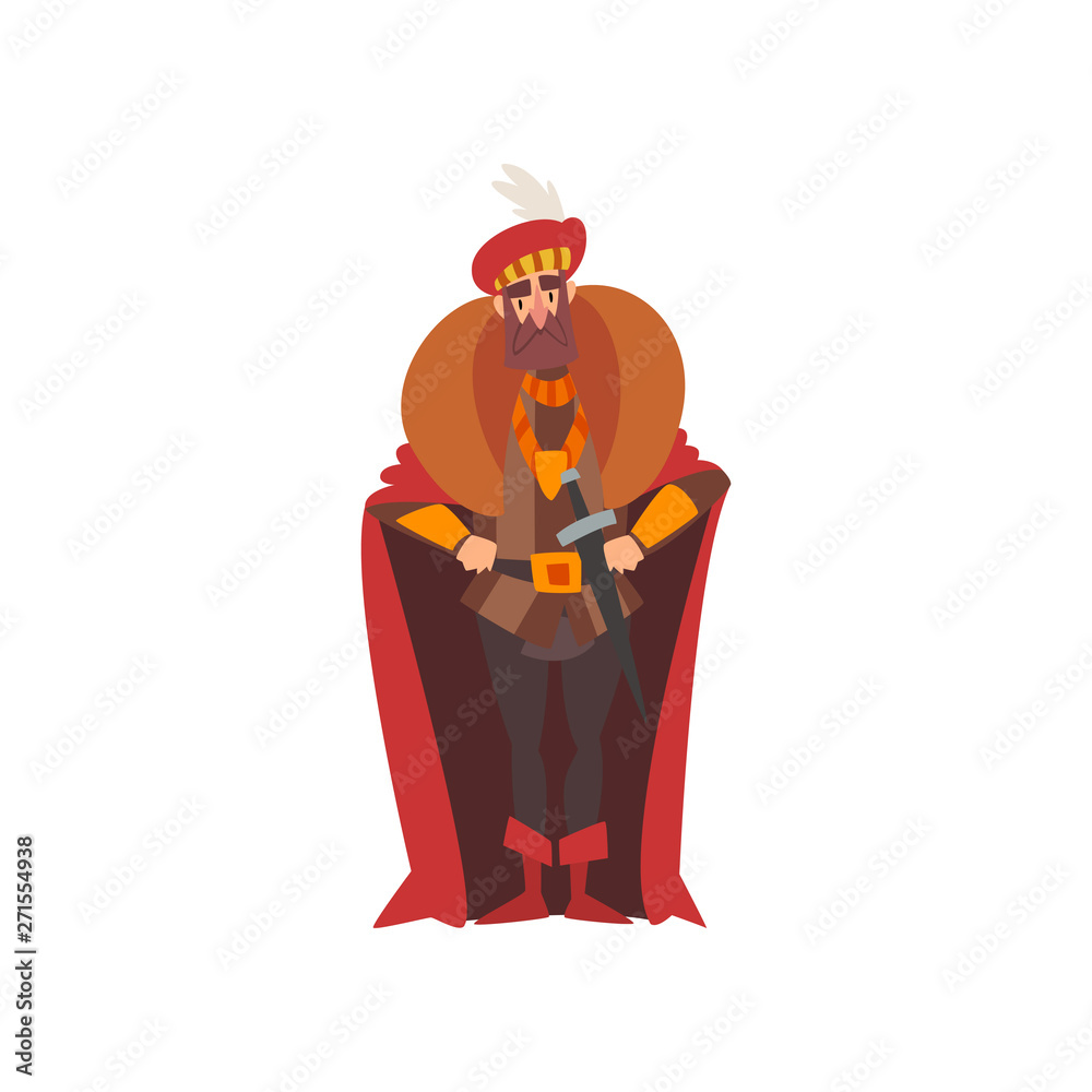 European Majestic Nobleman or King, Medieval Historical Cartoon Character in Traditional Costume Vector Illustration European Majestic Nobleman or King, Medieval Historical Cartoon Character in Traditional Costume Vector Illustration