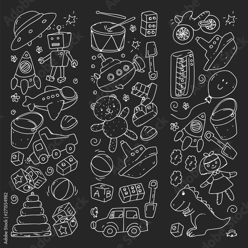 Vector pattern with kindergarten, toy children. Happy children illustration. monochrome chalk drawing on blackboard.