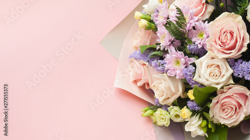 Fototapeta Naklejka Na Ścianę i Meble -  Bouqet Flower background, different roses and chrysanthemum