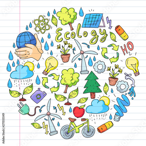 Vector logo, design and badge in trendy drawing style - zero waste concept, recycle and reuse, reduce - ecological lifestyle and sustainable developments icons. pen drawing on exercise book.