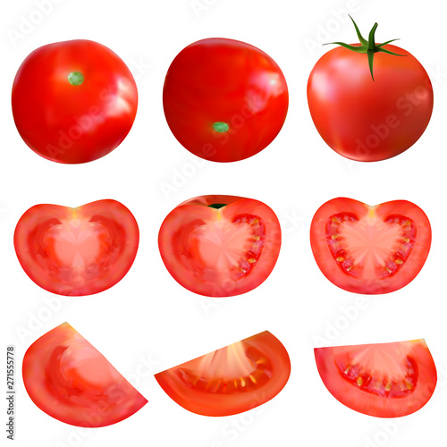 3d highly realistic fresh delicious red tomatoes: whole, slice on half and quarter, isolated on white background vector gradient mesh illustration. Design elements set of vegetables,  different view