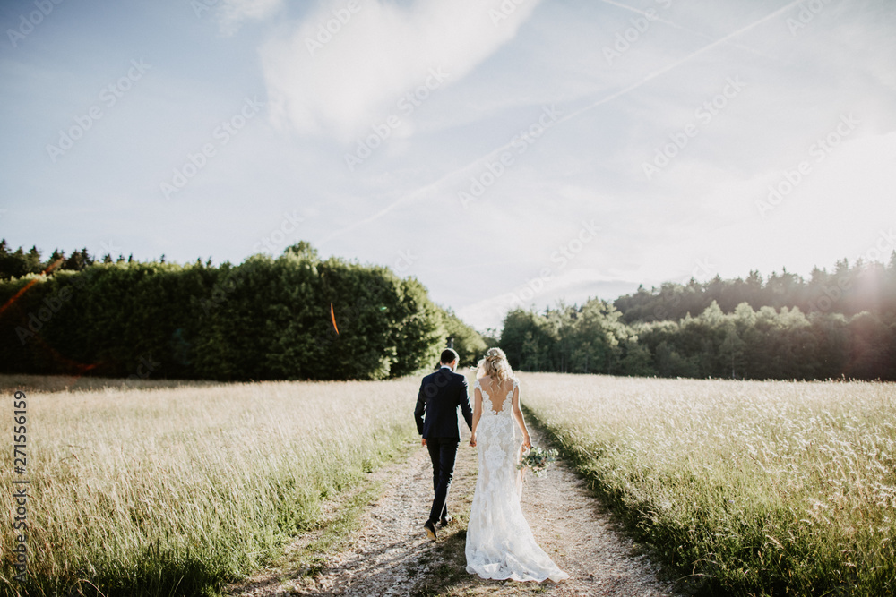 Brautpaar von Hinten auf Wiese