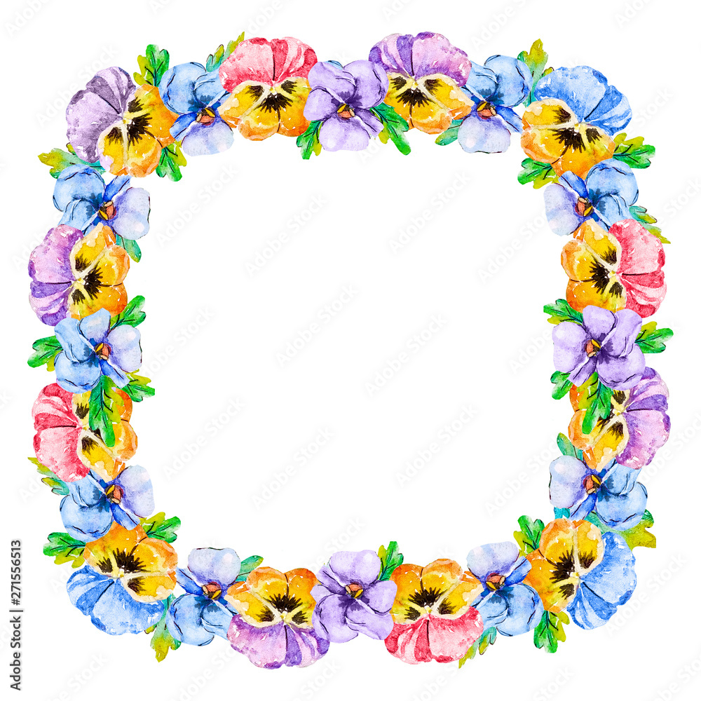 Wedding invitation with heartsease viola flowers. Floral template for your text. Square frame with pansy multicolored flowers and foliage in white background Wedding invitation with heartsease viola flowers. Floral template for your text. Square frame with pansy multicolored flowers and foliage in white background
