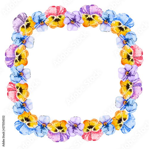 Square floral frame of flowers of viola pansy. The middle is empty for text invitations to the wedding, birthday, congratulations. Viola tricolor in watercolor style in white background