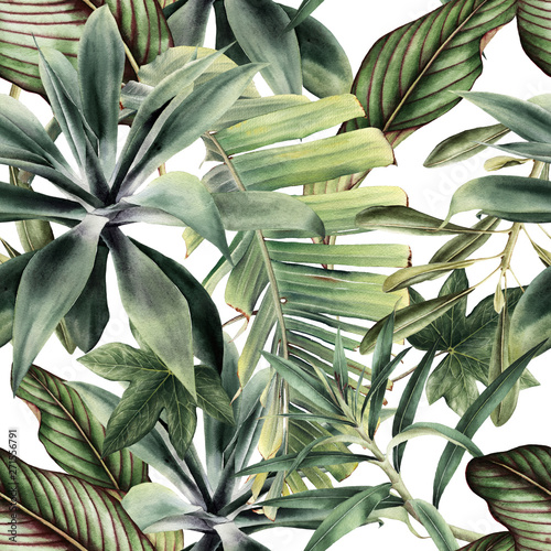Seamless floral pattern with tropical piants, watercolor.
