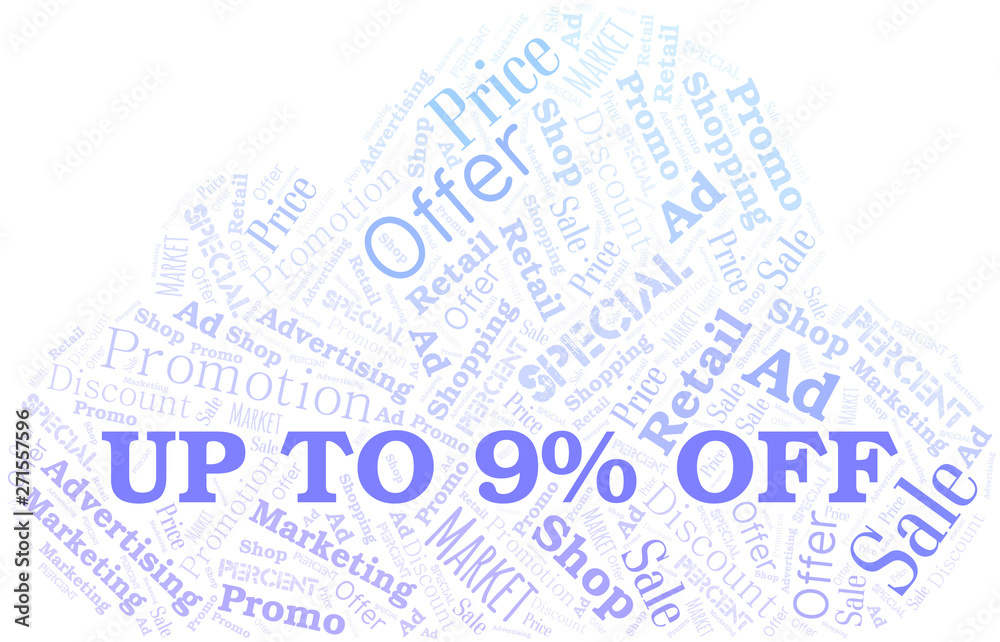Obraz premium Up To 9% Off word cloud. Wordcloud made with text only.