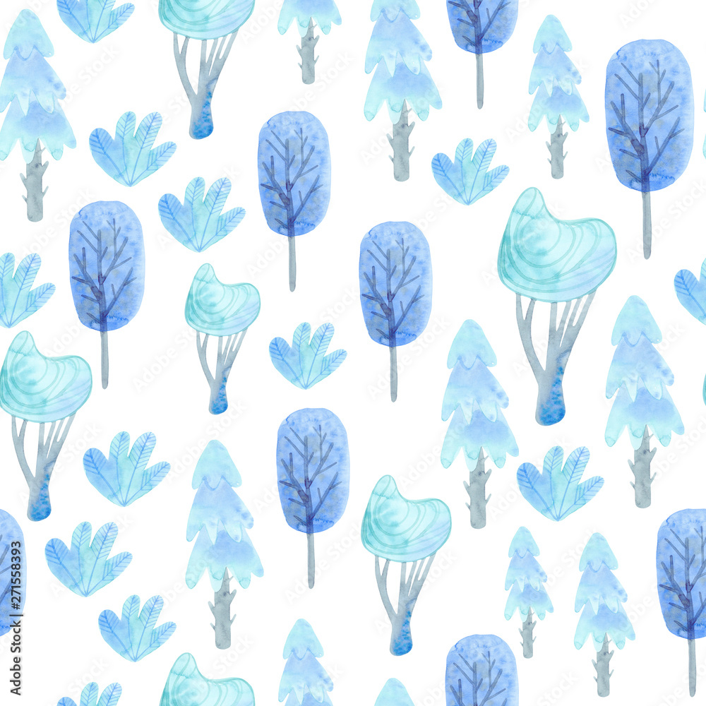 Watercolor illustration. Cartoon nature for children. Seamless pattern with forest. Template for both, paper, fabric. Trees, bushes. White background