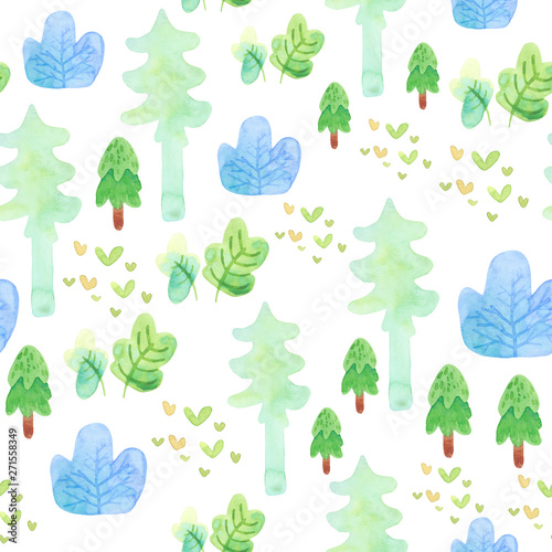 Watercolor illustration. Cartoon nature for children. Seamless pattern with forest. Template for both, paper, fabric. Trees, bushes. White background