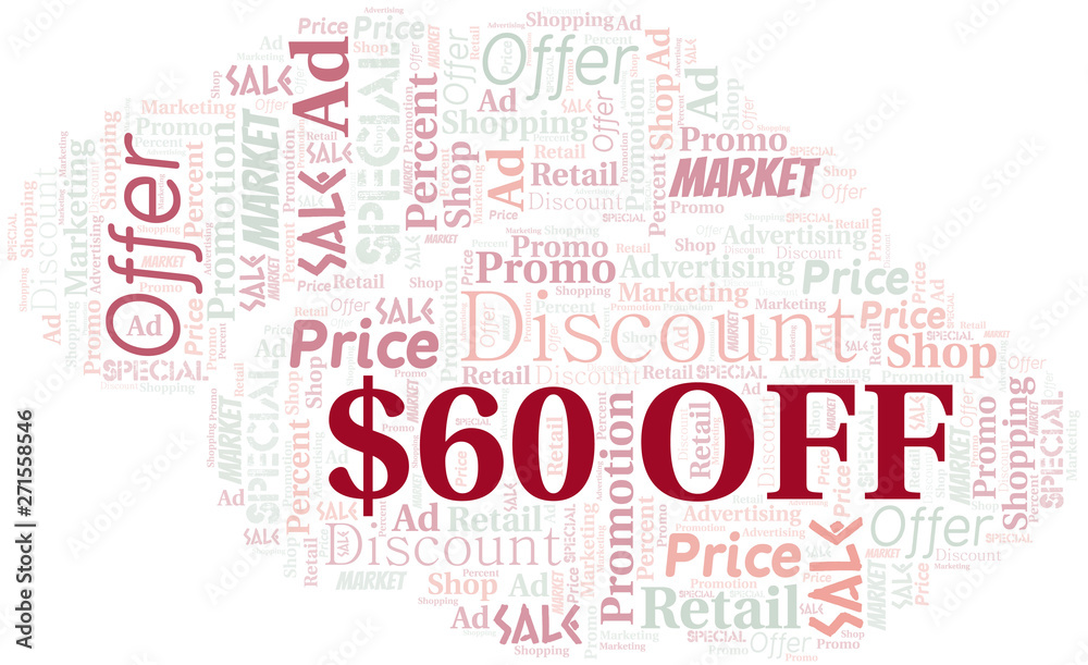 Fototapeta premium $60 Off word cloud. Wordcloud made with text only.