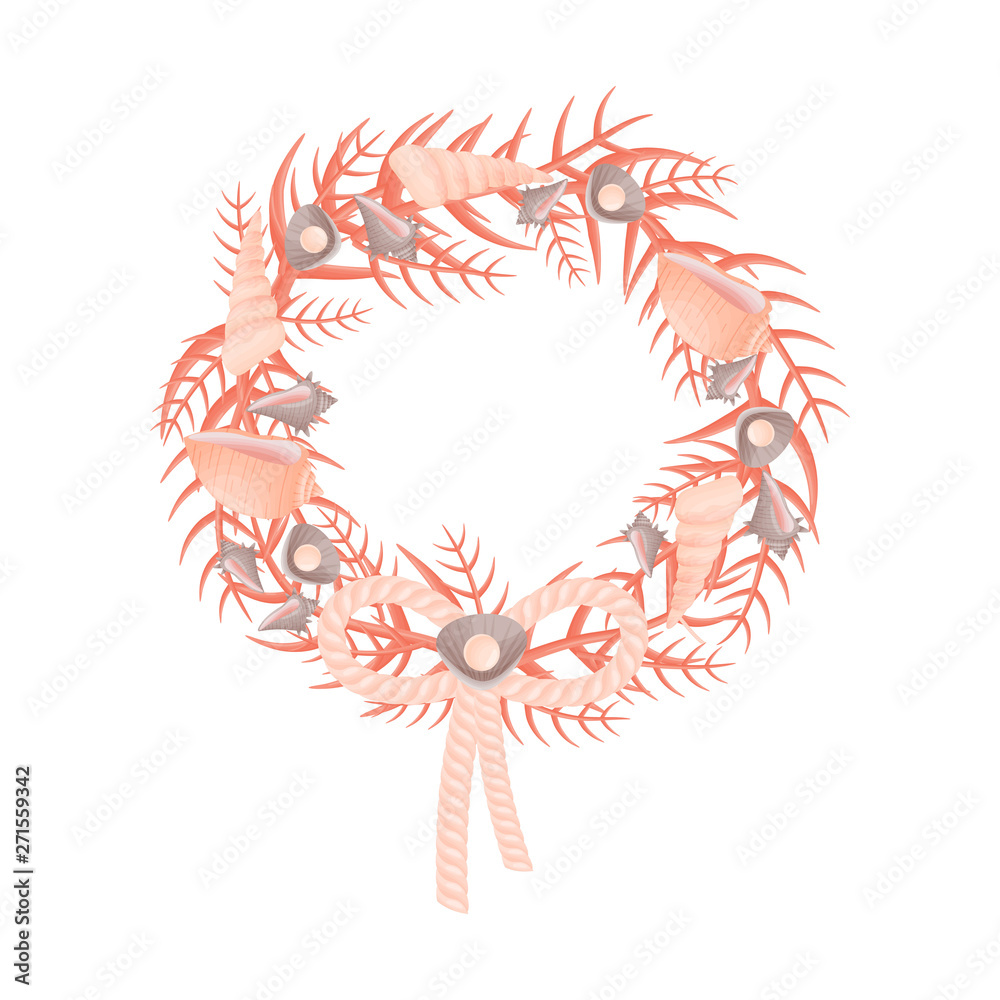 Obraz premium Decorative wreath of marine themes from corals and ropes. Vector illustration.
