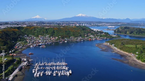 Aerial view over the Tenglo canal in the city of Puerto Montt on a sunny day photo