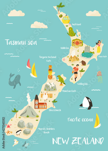 Fototapeta New Zealand illustrated map with bright icons