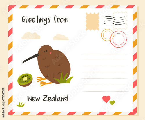 New Zealand postcard with kiwi bird and fruit
