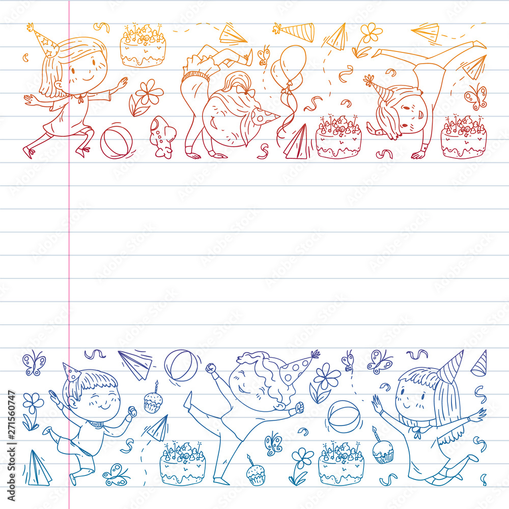 Vector illustration in cartoon style, active company of playful preschool kids jumping, at a party, birthday. draving gradient on exercise book. Vector illustration in cartoon style, active company of playful preschool kids jumping, at a party, birthday. draving gradient on exercise book.