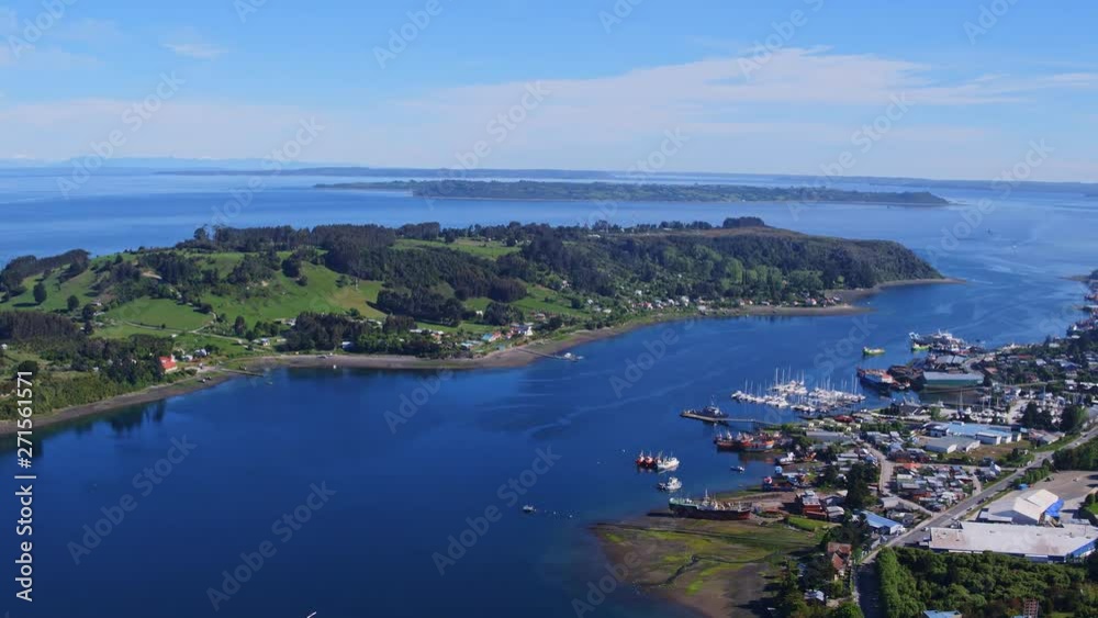 Aerial view over the Tenglo canal in the city of Puerto Montt on a sunny day Aerial view over the Tenglo canal in the city of Puerto Montt on a sunny day