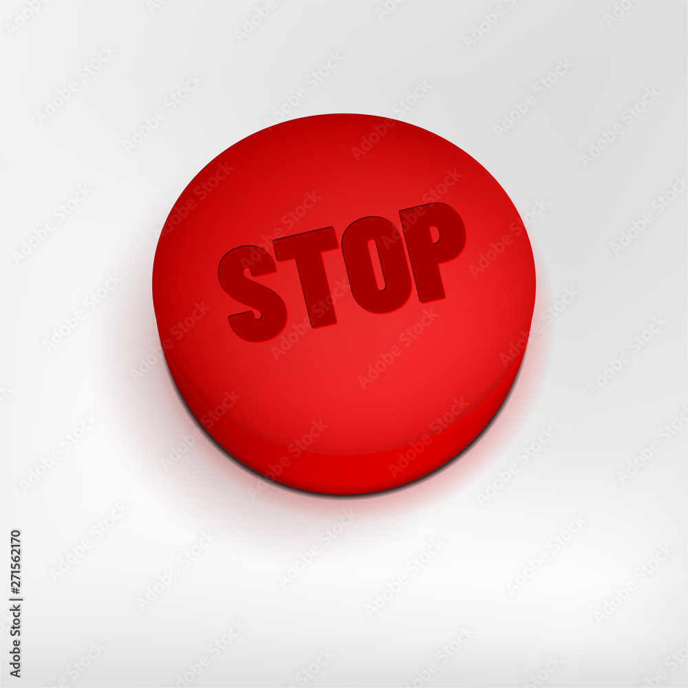 Red button with STOP text on gray background Red button with STOP text on gray background
