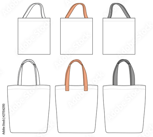 Shopping Tote Bags with different handles, vector illustration flat sketch template