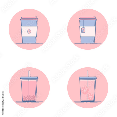 Vector set of beverage icons. Soft drink for take away. Hot - coffee, tea. Cold - lemonade, bubble tea. Isolated in circle. Flat design.