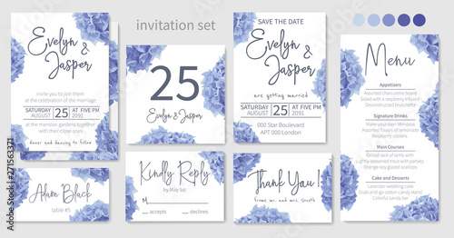 Set of wedding invitations, floral invitations, table, menu, thank you, rsvp card design. Blue, purple, sapphirine flower of hydrangea, mophead, lacecap, panicle flowers on a white background photo