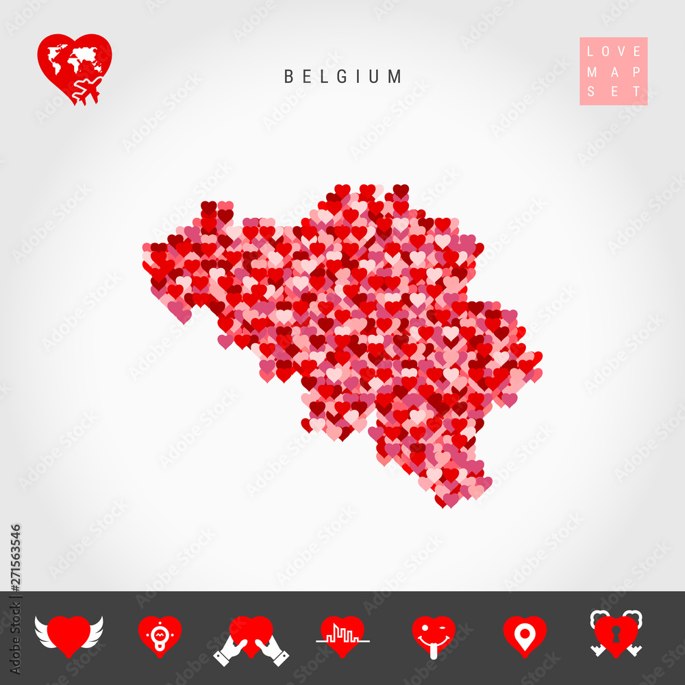 I Love Belgium. Red and Pink Hearts Pattern Vector Map of Belgium Isolated on Grey Background. Love Icon Set.