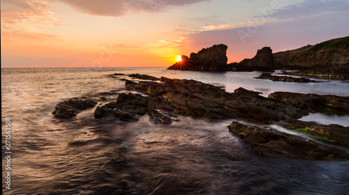 Dramatic sunrise on the beach with rocks  Sinemorets  Bulgaria - Image