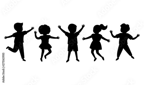 Black silhouette joyful children jump together. Kids playing. Happy childhood of boys and girls. Isolated vector illustration on white background