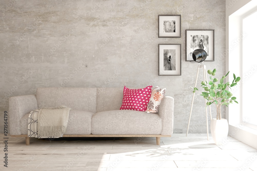 Obraz premium Stylish room in white color with sofa. Scandinavian interior design. 3D illustration