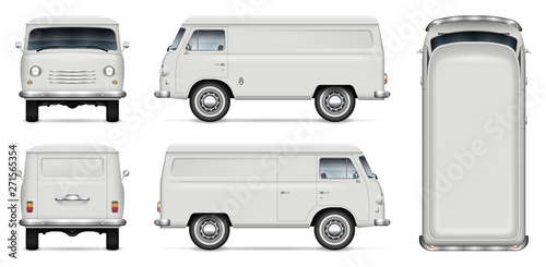 Old minivan vector mockup on white background. Isolated panel van view from side, front, back and top. All elements in the groups on separate layers for easy editing and recolor