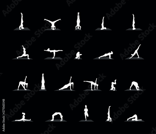yoga poses silhouettes set. Vector illustration on black background.