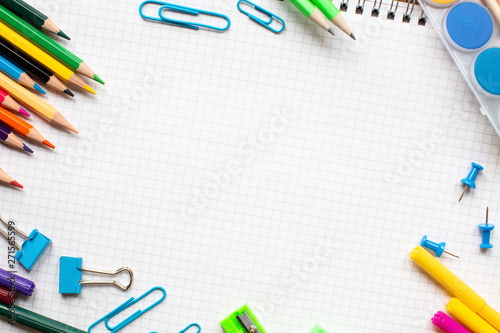 Concept back to school. School supplies on white background. Copy space