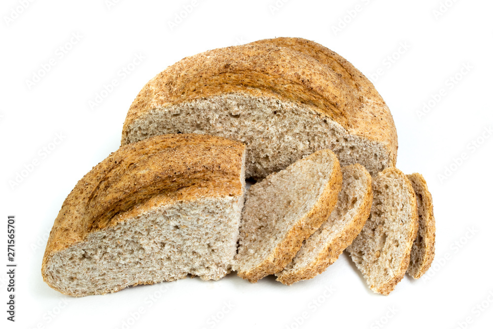 Many mixed breads and rolls of baked bread on isolated white background.
