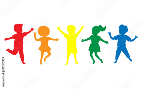 Multicolor silhouette joyful children jump together. Kids playing. Happy childhood of boys and girls. Isolated vector illustration on white background